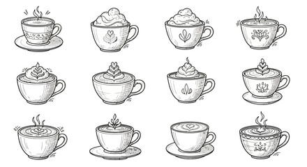 Obraz premium Collection of hand-drawn coffee cups with various toppings and designs.