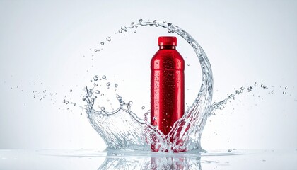 Red bottle encircled by splashing water