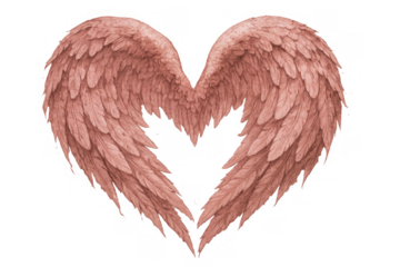 Pink feathered wings forming a heart shape, illustrating love, romance, and angelic concepts with a gentle artistic touch