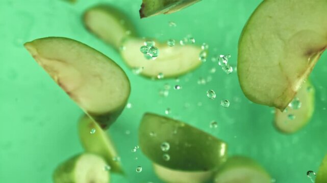 Pieces of green apples fly up and fall down. Filmed on a high-speed camera at 1000 fps. High quality FullHD footage