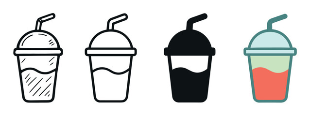 Set of four beverage icons in disposable cups with straws, showcasing different artistic styles from hand-drawn sketch and simple outline to a solid silhouette and flat color design