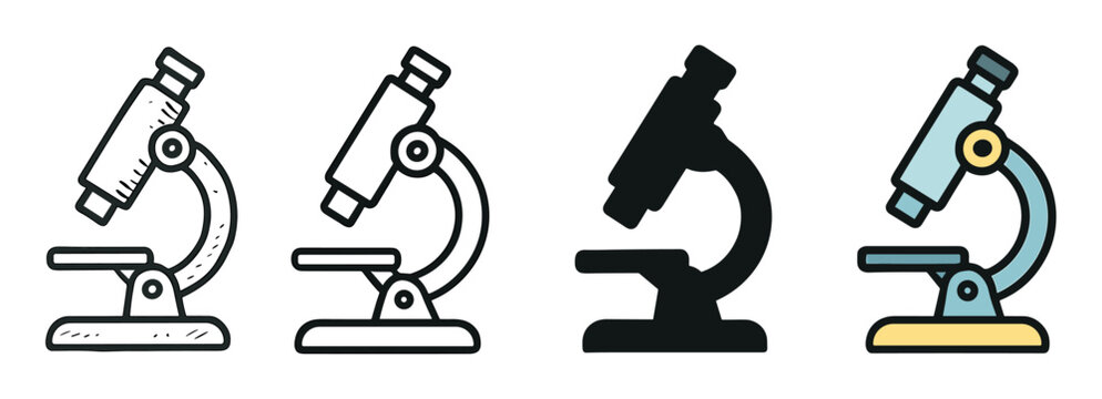 Set of four microscope icons in different artistic styles including a hand-drawn sketch, simple line art, black silhouette, and a colored outline for scientific concepts