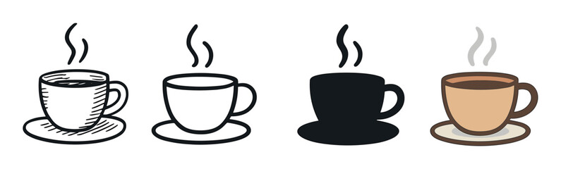 Obraz premium Set of four coffee cup icons showing different artistic styles including hand-drawn sketch, simple outline, black silhouette, and a full color cartoon illustration with steam