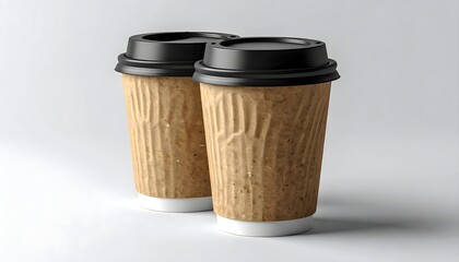 Two Paper Coffee Cups with Black Lids on White Background