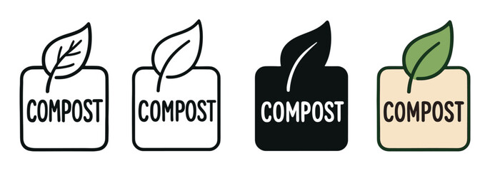 Set of four compost icons with a leaf symbol for eco-friendly waste sorting, featuring line art, solid silhouette, and color variations for sustainable packaging labels