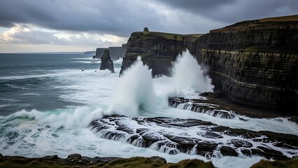 Twin Explosions of Surf Pound the Dark Majestic Cliffs of Moher.