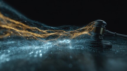 Abstract Digital Gavel Displaying Justice Technology Concept Over Dark Background