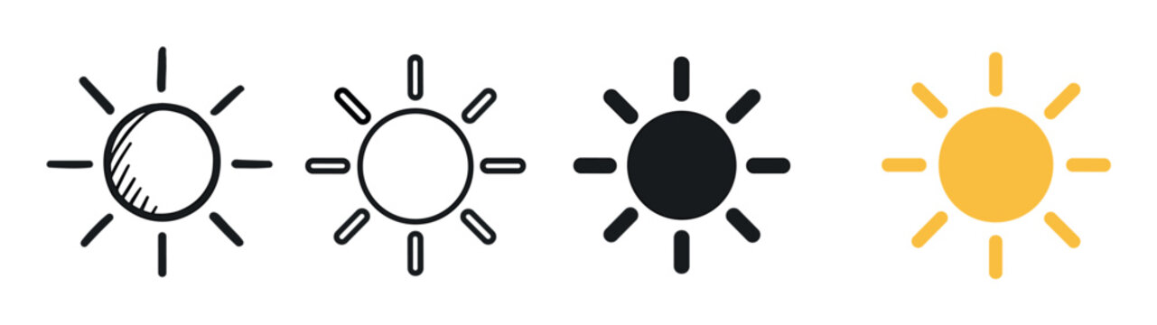 Collection of four sun icons in different graphic styles, including a hand-drawn doodle, a simple outline, a solid black glyph, and a yellow flat color symbol for weather