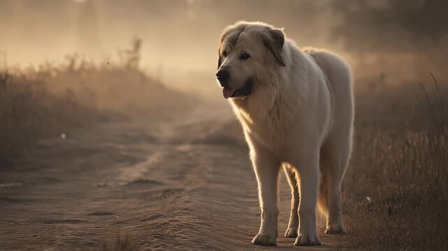 A white Alabai dog stands calmly on a dusty rural path in warm golden sunset light with soft haze in the background.