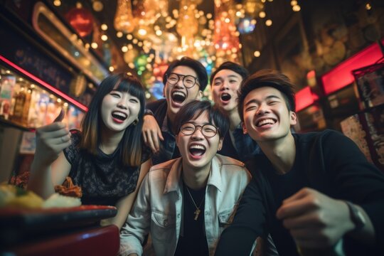 Asian friends having fun on night out celebration laughing adult. - Powered by Adobe