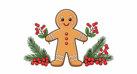 Cute Gingerbread Man with Festive Holly and Pine Branches.