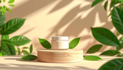 Serene skincare product display with leafy accents