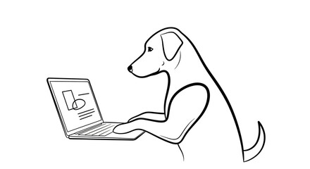 Dog working on a laptop computer, line art illustration.