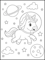Happy Cute Unicorn Astronaut Floating in Outer Space Coloring Page for Kids and Adults. Fantasy Cartoon Activity Sheets.