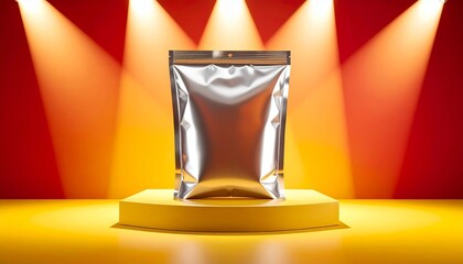 Shimmering bag spotlighted on yellow platform