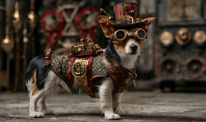 Adorable dog in a festive steampunk Santa outfit with brass goggles, clockwork gears and a decorated top hat, posing against a Victorian industrial background