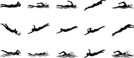 Swimming, technique, silhouette, posture, gesture, freestyle, dive, splash, stroke, water, motion, dynamic, sport, vector, black, pose, setup, aquatic, activity, flavector