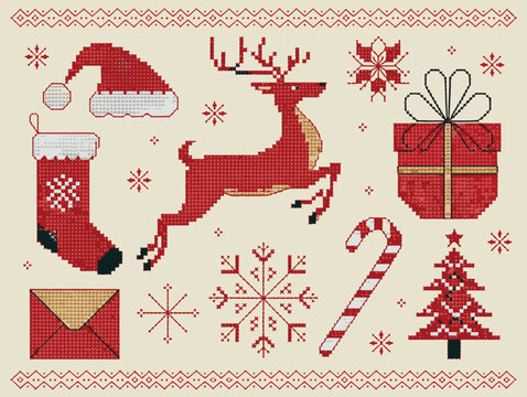 Red and Beige Pixel Art Design for Christmas: Festive Embroidered Border and Winter Icons