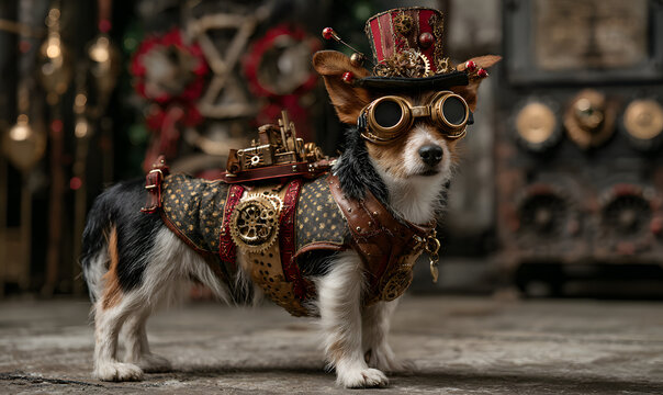 Adorable dog in a festive steampunk Santa outfit with brass goggles, clockwork gears and a decorated top hat, posing against a Victorian industrial background - Powered by Adobe