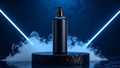 Sleek lotion dispenser on a stage of smoke