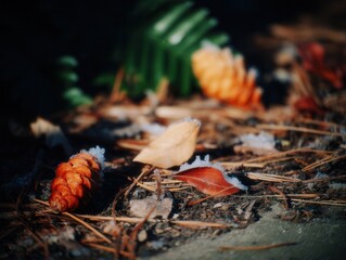 Extreme close-up of frost-covered pine cones with vivid orange colors and fallen leaves during a chilly winter morning in a forest setting
