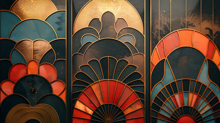 Art Deco Window Panels: A captivating display of Art Deco design unfolds across three panels, their vibrant colors and intricate geometric patterns reflecting light and shadow.