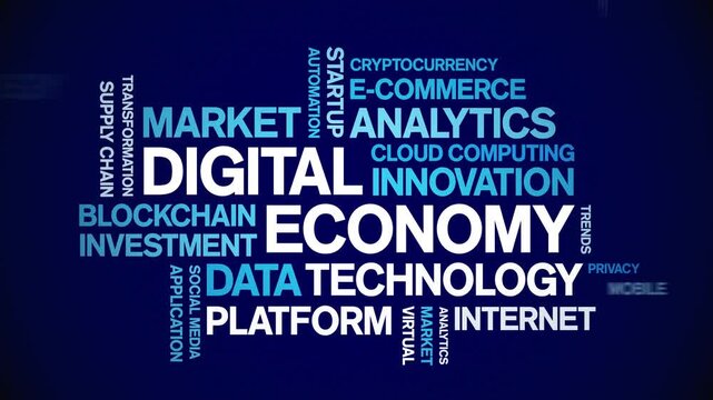 Digital Economy animated word cloud-text design animation tag kinetic typography seamless loop.