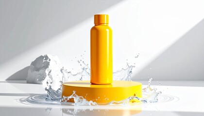 Sunlit hydration Yellow bottle on splashy platform
