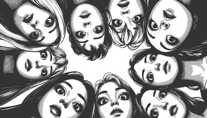 women peering down in a circle with surprised or curious expressions, ideal for teamwork or mystery themes sketch engraving generative ai vector illustration. Scratch board. Black and white image.