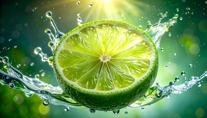 Vibrant lime slice amidst refreshing splash
