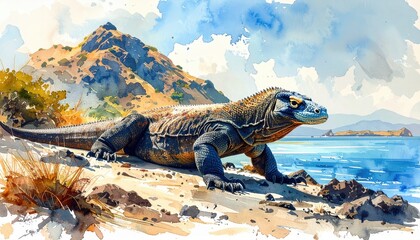 Komodo dragon resting on tropical island shore under bright dry season sun in Indonesia wildlife conservation and remote adventure travel theme