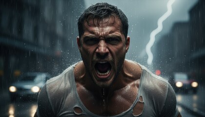 Man shouting under heavy rain in a dark city street symbolizing strength and emotional release during a stormy night full of power and inner struggle