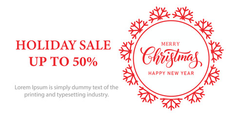 Festive Christmas holiday sale banner with red snowflake frame, elegant Merry Christmas and Happy New Year typography, and bold text promoting up to 50 percent discount on white background.