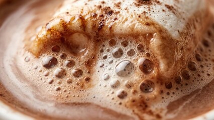 Close-up view of frothy hot chocolate topped with marshmallow and cocoa powder, a warm beverage.