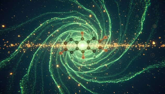 Aromatic molecule diagram glows at centre of swirling particle vortex symbolising psychedelic science mental health therapy and festival rave culture at night