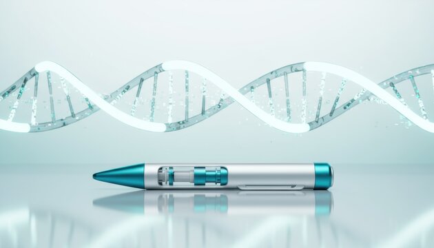 A sleek futuristic pen rests before a glowing DNA helix suggesting innovation precision and the evolving relationship between technology creativity and scientific progress