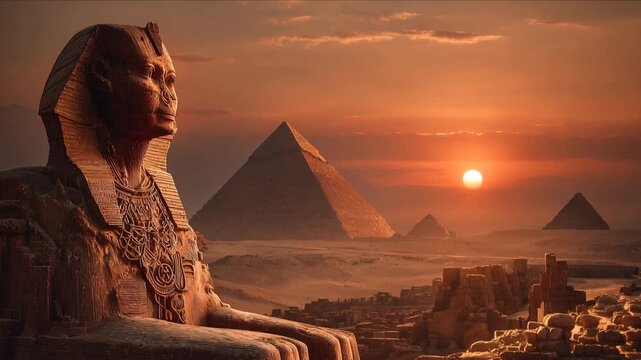 Majestic Sphinx and pyramids at sunset in Egypt