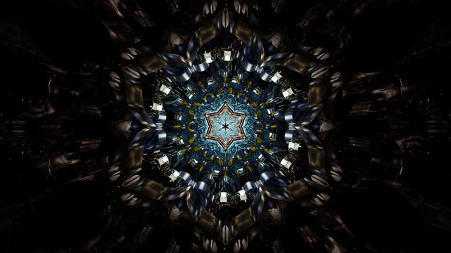 Spiritual journey ornamental mandala with intricate symmetrical star geometry, glowing kaleidoscope depth & sacred geometry, abstract cosmic digital artwork featuring rich texture, harmonious patterns