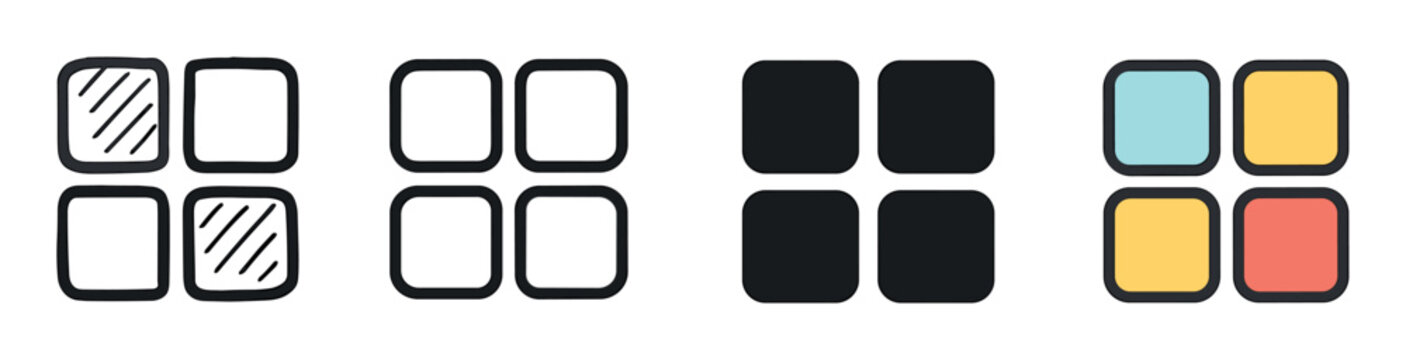 Set of four grid menu icons for user interface design, showing different styles including a hand-drawn doodle, a simple outline, a solid glyph, and a colorful flat version