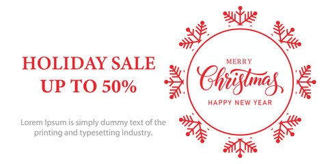 Festive Christmas holiday sale banner with red snowflake frame, elegant Merry Christmas and Happy New Year typography, and bold text promoting up to 50 percent discount on white background.