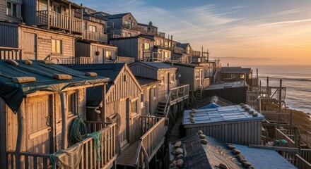 Fototapeta premium Unique seaside village of wooden stilt houses at sunset offers rustic charm