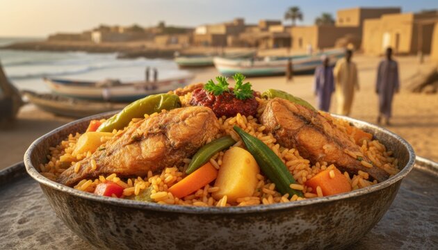 Coastal african dish with fish rice vegetable evoking tradition senegal mauritania culture local flavor at seaside village in warm evening