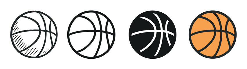 Obraz premium Set of four basketball icons presented in a row, showcasing various graphic design styles including hand-drawn sketch, line art, black silhouette, and classic orange color