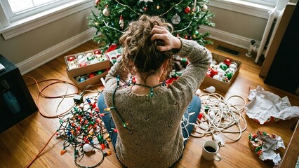 Naklejka premium Overwhelmed woman sits on the floor amidst Christmas decorations, feeling stressed and frustrated.