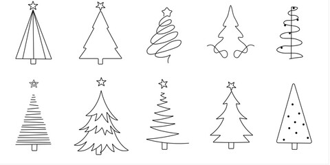 Collection of Line Art Christmas Trees for Holiday Designs	
