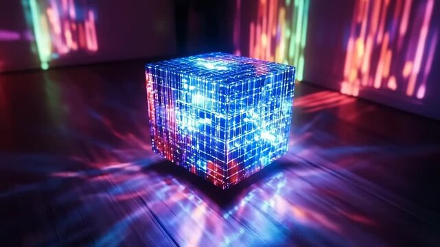 Three dimensional pulsating light cube creates vibrant visual display in serene indoor environment