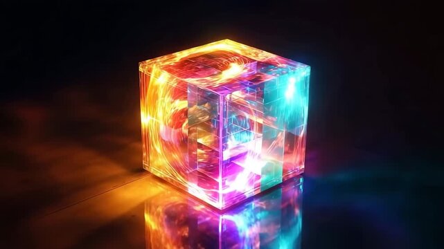 Three dimensional pulsating light cube creates vibrant visual display in serene indoor environment