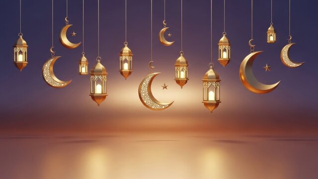 Golden lanterns and crescent moons illuminate a festive, celebratory scene with a warm glow.