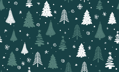 Christmas tree pattern on green background, Hand drawn illustrations.	
