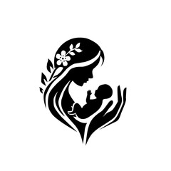 Elegant black silhouette of a mother cradling a newborn baby, framed by leaves and a flower, symbolizing motherhood, life, love, and maternal care.